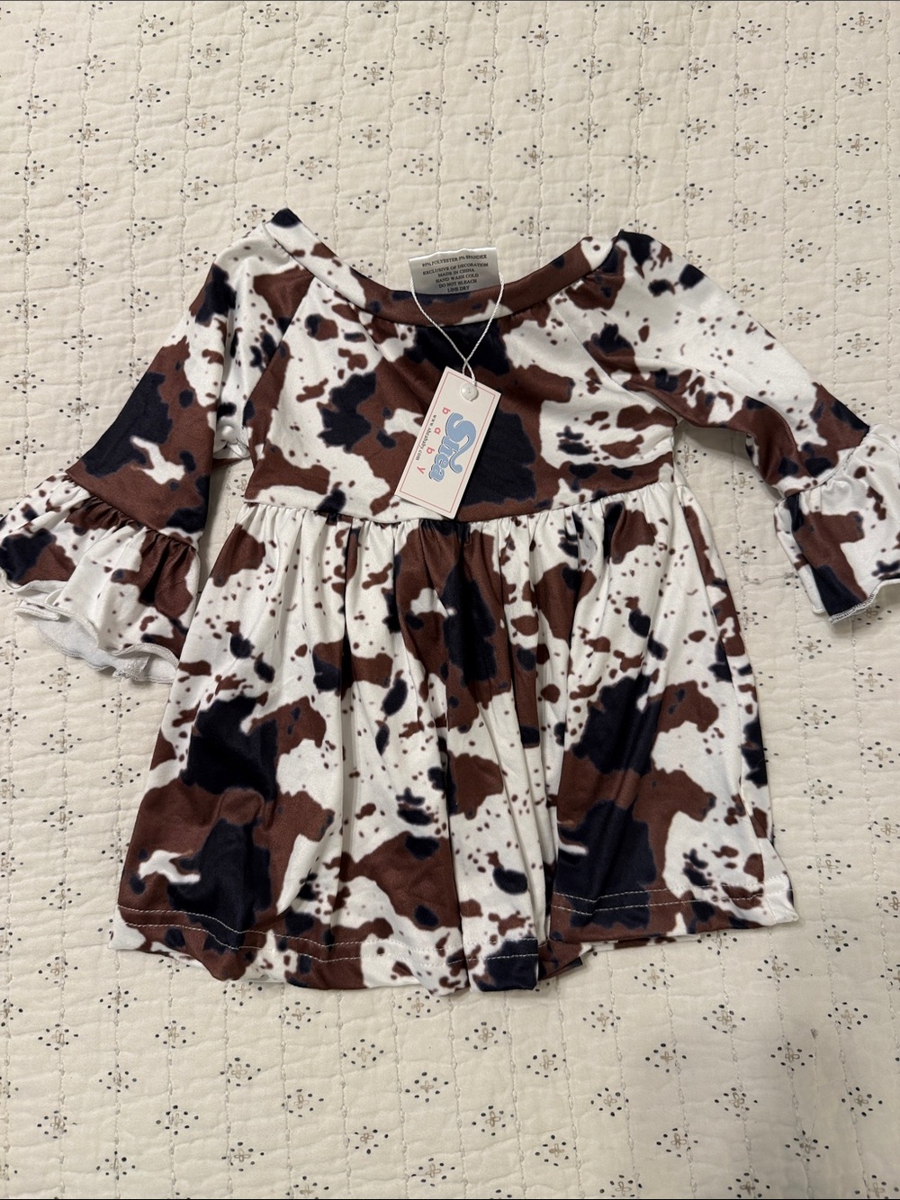 Cow-Print Long Sleeve Girls' Dress in Brown & Black